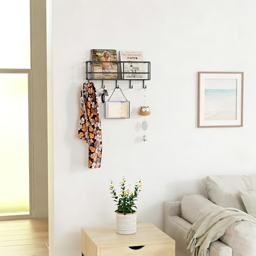 SRIWATANA Key Holder for Wall, Mail Organizer Wall Mount with Metal Storage Basket, Key Holder with 5 Hooks for Entryway, Office, Home Decor, Black - style: Large