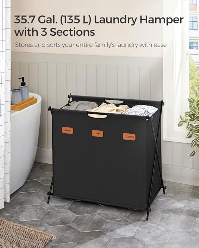 SONGMICS Laundry Hamper, Laundry Basket, 35.7 Gal. Laundry Sorter 3 Sections, Collapsible X-Frame, Clothes Organizer with Customizable Labels, Laundry Room, Bedroom, Bathroom, Ink Black ULCB130B01 - color: Ink Black, size: 135 L