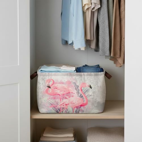 Flamingo Storage Basket Waterproof Canvas Toy Storage Bin Home Flamingo Decor Collapsible Outdoor Basket with Leather Handles Flamingos Gifts Blanket Baskets For Closets,Bedrooms,Bathroom - color: Flamingo