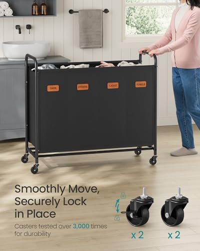 SONGMICS 4-Section Laundry Sorter, Laundry Hamper with Wheels, Rolling Clothes Hamper Cart with Large Capacity and Removable Bags, for Laundry Room, Bedroom, Bathroom, Ink Black URLS460B01 - color: Ink Black, size: 200 L