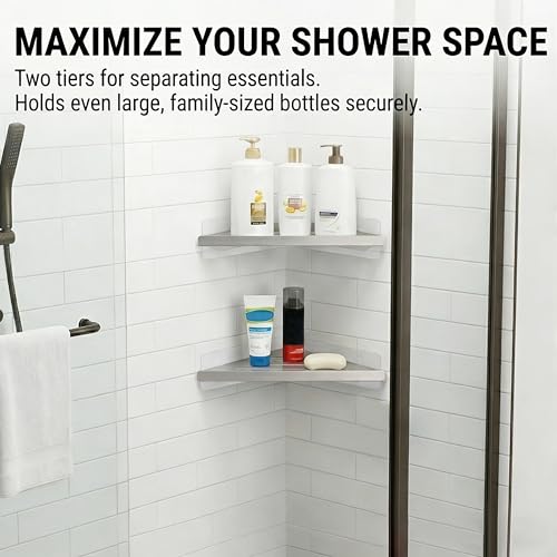 BVL Corner Shower Shelf, 8 Inch Brushed Nickel 2-PACK Bathroom Corner Organizer, 3M Adhesive Wall Mounted Shower Caddy, Waterproof Rustproof Metal Storage Rack for Shampoo Soap - color: Brushed Nickel