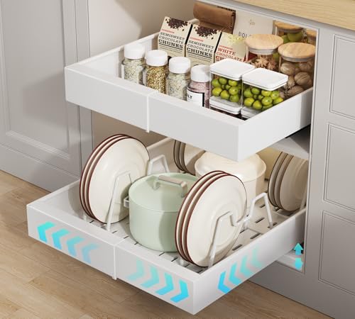 Seinloes 2 Pack Pull out Cabinet Organizer 21" Deep With Raising Pad for Framed Cabinets, Expandable Slide out Drawers for Kitchen Cabinets with 4pcs Divider Racks, Roll out Shelves 9"-14" W White - color: White, size: 9"-14"W x 21"D(2Pack)