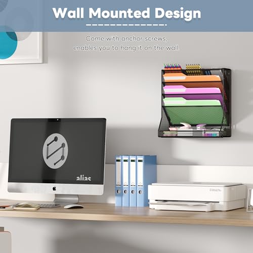 Jakyitvi File Organizer Wall Mounted 5 Tiers, Durable Adjustable Metal Vertical Hanging, Stable R-Shaped Bottom 4 Pull-Out Deviders to Sort File,Mail,Newspaper,Pen, Suitable for Office,Black - size: 5-Tire & Unilateral
