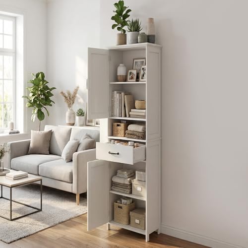 Casaphoria Tall Bathroom Storage Cabinet, 65" H Narrow Floor Cabinet with 2 Barn Doors and 1 Drawer, Freestanding Linen Tower with Adjustable Shelves, Anti-Tipping, White - size: 15.74"L×11.8"W×64.96"H