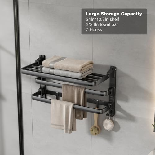 VOLDRA 24-Inch Towel Rack,Bathroom Towel Shelf with 2 Towel Bar Foldable Towel Holder with 7 Hooks Towel Storage Organizer for Bathroom & Lavatory Wall Mounted (Matte Black) - color: Matte Black, size: Extra 2 towel bar