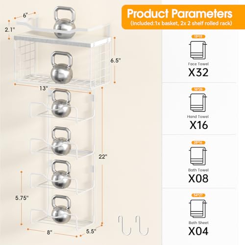 Towel Racks for Bathroom,Towel Rack Wall Mounted, 6 Tier Rolled Or Folded Towel Holder with Floating Shelves, Bathroom Towel Holder for Bath, Hand Towels,Metal,Full White - color: White Plack, size: J-type White Rack