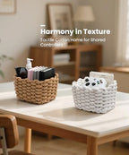 Small Macrame Woven Storage Baskets 2 Pack – Boho Cotton Rope Bins for Bathroom, Bedroom, Desk & Vanity Organizer – White & Khaki, 7x5.5x5 Inches - color: White & Khaki