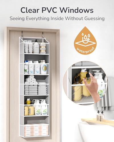 ULG 1-Pack Over Door Organizer with 5 Large Pockets 10 Mesh Side Pockets, 44 lbs Weight Capacity Hanging Storage Organizer with Clear Window for Bedroom Bathroom Kitchen, RV, Camper, Clear Grey - color: Clear Window Grey, size: 1 Pack-5 Tier