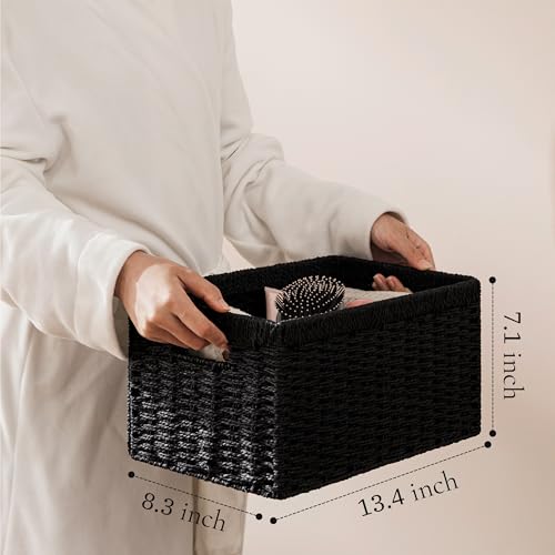 UBBCARE 4 Pack Wicker Basket, 13.4L×8.3H×7.1W inch Woven Paper Rope Storage Baskets for shelves, Foldable Rectangular Storage Baskets with Handle, Storage Basket for Organizing, Black - color: Black, size: 4pack Medium