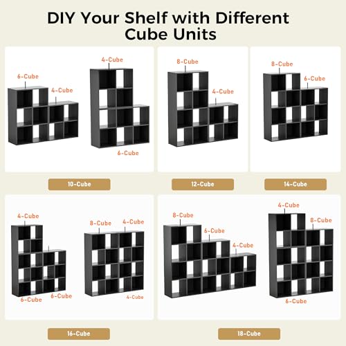 COMHOMA 8 Wood Cube Storage Organizer with Open Back and Removable Back Panels, 11In Black Cube Storage Bookshelf, Cubicle Shelf Bookcase for Home Office Bedroom Living Room, Vertical or Horizontal - color: 8 Cube-coal Black