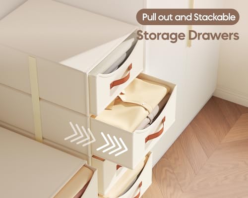 Homsorout Stackable Storage Drawers - Collapsible Storage Bins with Drawers, 4 Pack Closet Shelf Organizer Basket, Fabric Pull Out Organizer for Bedroom, Living Room, Dorm, Beige - color: Beige, size: 13.7 Inch. - 4 Pack