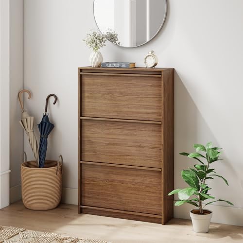 Shoe Cabinet with 3 Flip Drawers, 23.62" W Narrow Shoe Storage Cabinet for Entryway, Slim Shoe Organizer with Adjustable Shelves, Freestanding Shoe Rack for Hallway, Living Room, Walnut - color: Walnut, size: 9.45"D x 23.62"W x 45.47"H