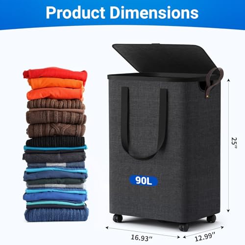 Laundry Basket with 5 Wheels, Tall Dirty Laundry Hamper, Rolling Laundry Basket with Lid, Large 90L Collapsible Clothes Hamper for Laundry Room Bedroom Bathroom Dorm, Dark Gray - color: Deep Gray, size: 90L