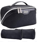 BOYATU Travel Makeup Bags Cosmetic Organizer Bag: 3-Set Large Capacity Make up Bag - PU Leather Toiletry Bags for Women - Wide Open Portable Pouch with Divider & Handle (A-Black) - color: A-Black