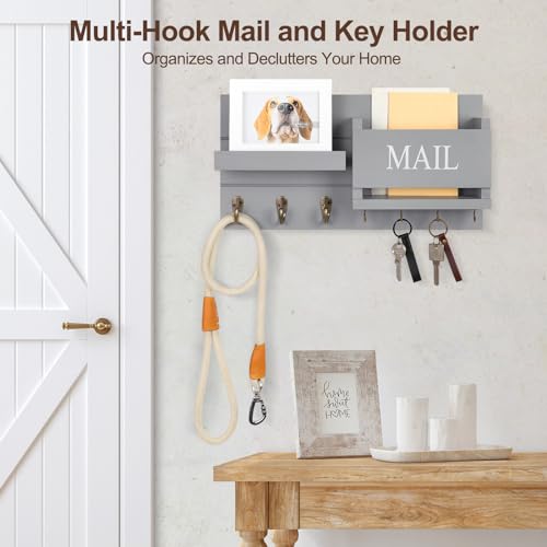 Lwenki Mail Organizer for Wall Mount – Key Holder with Shelf Includes Letter Holder and Hooks for Hallway Farmhouse Decor – Rustic Wood with Flush Mounting Hardware (16.5” x 9.1” x 3.4”) (Gray) - color: Gray