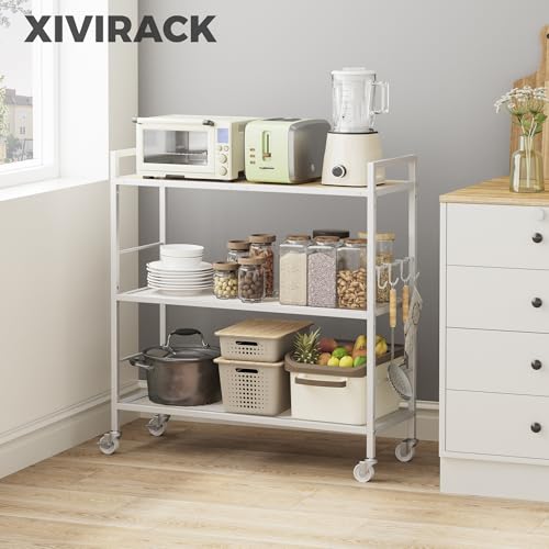 3-Tier Metal Storage Rack with Industrial Wheels,Mesh Shelving Unit with Wooden Table top,Adjustable Shelf,31.5-Inch Width, for Kitchen, Laundry,Pantry,Plant,Oak panel and white frame - color: Oak Panel, size: 3 Tier (31.5"W x 11.8"D)