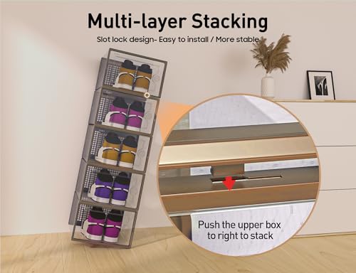 Kuject X-Large Shoe Storage Boxes Organizers for Closet 12 Pack, Fit Size 11,Clear Plastic Stackable Sneaker Containers for Entryway, Space Saving Shoe Rack, Brown - color: Brown, size: X-Large