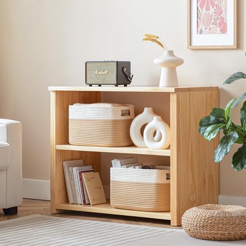 UBBCARE 4 Pack Storage Baskets for Organizing, Shelf Baskets with Handles, Woven Storage Baskets for Bookcase/Cube Shelf/Closet, 14.5"L x 9.8"W x 9"H, White&Brown - color: White&Brown, size: 4 Pack-14.5"(L)×9.8"(W)x9"(H)
