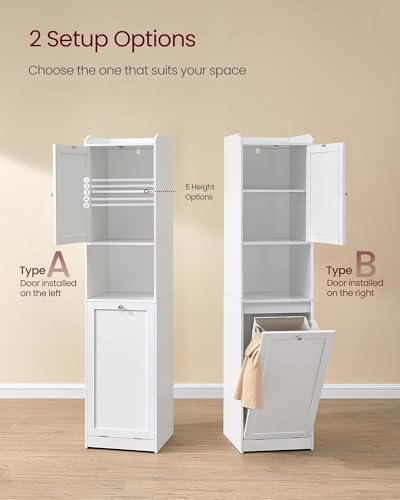 VASAGLE Tall Storage Cabinet, Storage Unit with Removable Laundry Basket, Compartment and Cabinet, for Bathroom, Living Room, 15.8 x 15.8 x 66.9 Inches, Cloud White UBBC761W01 - color: Cloud White, size: 15.8"L x 15.8"W x 66.9"H, style: 2 Doors + 1 Laundr
