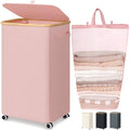 Goodpick Laundry Basket with Wheels, Collapsible Clothes Hampers with Removable Laundry Bag 100L Large Rolling Hamper with Lid for Bedroom, Bathroom, Pink - color: Pink, size: 100L (17.3"L x 13"W x 29.5"H)