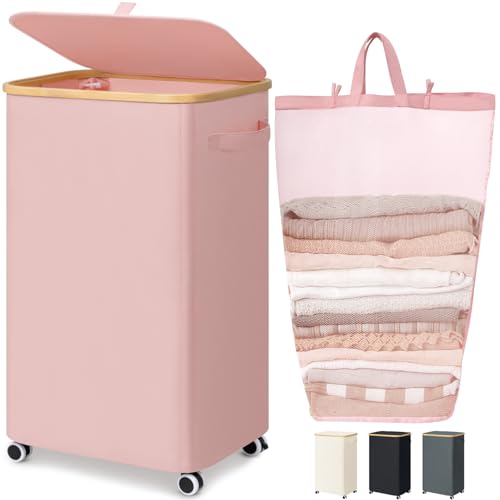 Goodpick Laundry Basket with Wheels, Collapsible Clothes Hampers with Removable Laundry Bag 100L Large Rolling Hamper with Lid for Bedroom, Bathroom, Pink - color: Pink, size: 100L (17.3"L x 13"W x 29.5"H)