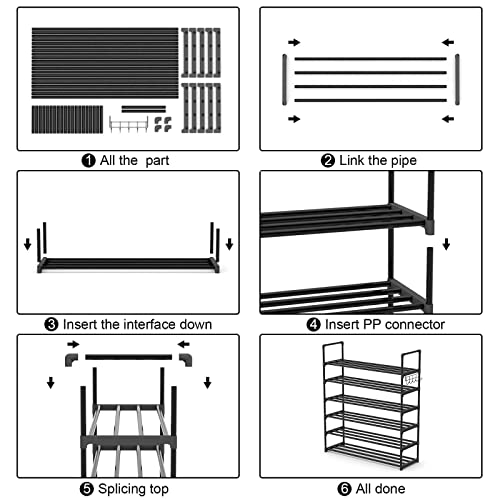 Hsscblet 6 Tiers Metal Shoe Rack,Adjustable Shoe Shelf Storage Organizer with Hooks,Stackable Boot & Shoe Storage,for Entryway,Hallway,Closet,Black - size: 6-Tier