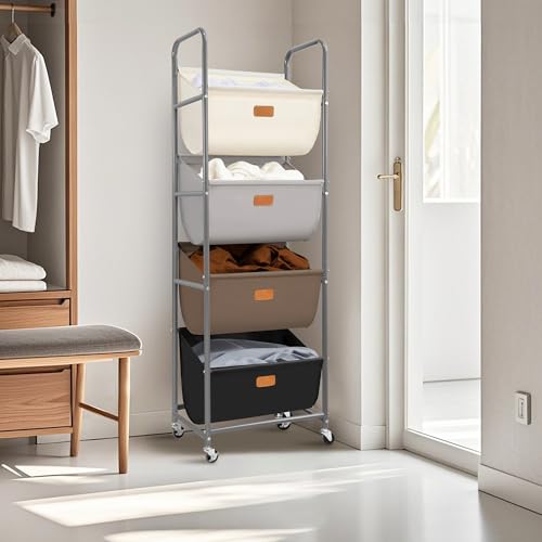 STORAGE MANIAC Vertical Rolling Laundry Hamper, 4 Section Laundry Sorter with Wheels and 2 Breaks, 4-tier Laundry Baskets for Small Space, Dorm, Laundry Room, Closet, Multicolored 4-tier - color: Multicolored, size: 4 Tier