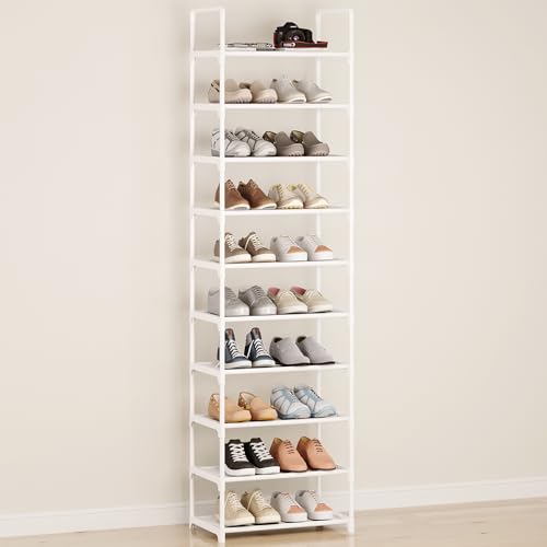 10-Tier Tall Shoe Rack, Adjustable 20-25 Pairs Shoe Shelf Storage Organizer for Entryway Hallway Closet Bathroom Living Room (White) - color: White-10tier
