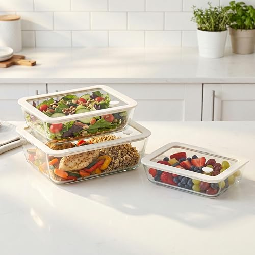 Urban Green Glass Food Container Set with Silicone Glass Lid, 3 Pack, Airtight, LeakProof, 100% Plastic Free, Meal Prep Containers (White Color) - color: White Sand-RT