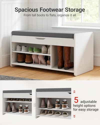 Pipishell Shoe Storage Bench, 2-Tier with Cushioned Seat, Entryway Bench with Adjustable Shelf & Barn Doors, 300 lbs Capacity, 31.5" x 15" x 18", for Entryway, Bedroom, Living Room, White - color: White, size: 2 doors- 31.5" W x 15" D x 18" H