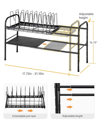 HULISEN Pots and Pans Organizer Under Cabinet, Expandable 2-Tier Pots and Pans Lid Storage Rack Holder with 10 Dividers, Adjustable Height Under Sink Organizer, Maximize Kitchen Storage Space