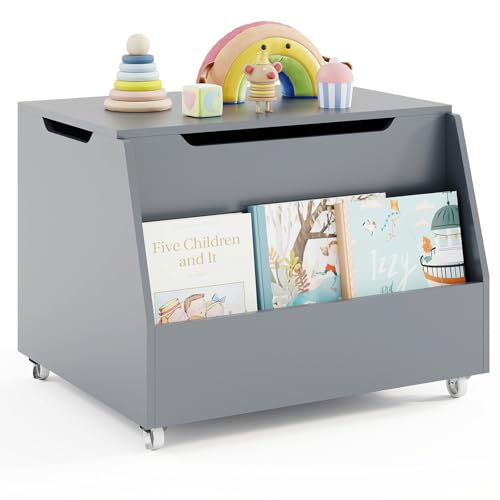 Costzon Kids Toy Box, Wooden Toy Storage Organizer for Girls Boys, Toy Storage Chest Bench for Toddler Room, Playroom, Bedroom, Living Room, Nursery (Classic, Gray) - color: Gray, style: Classic