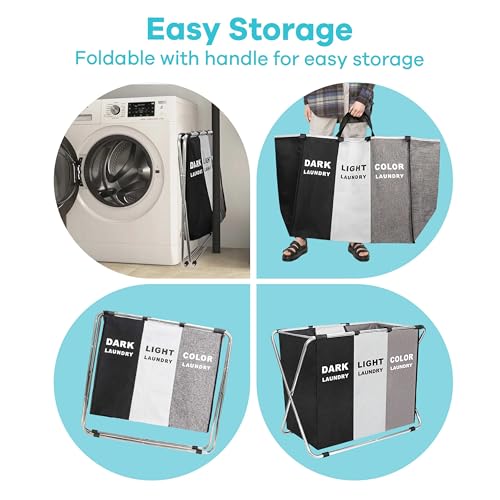 150L Laundry Cloth Hamper Sorter Basket Bin Foldable 3 Sections with stainless steel Frame Washing Storage Dirty Clothes Bag for Bathroom Bedroom Home Storage Basket (Black+Gray+Coffee) - color: Black+Gray+Coffee, size: 3 Sections