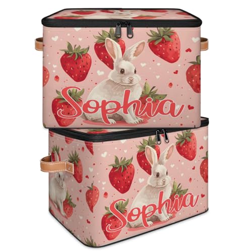Custom Storage Basket with Name, Personalized Storage Bins with Zipper Lid, Foldable Fabric Storage Box Large capacity with Handle Strawberry Rabbit - color: Option 24