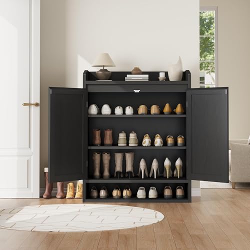 GarveeHome Modern Rattan Shoe Cabinet for Entryway, Wooden Shoe Storage Organizer with Adjustable Shelves, Closed Dustproof Shoe Rack for Hallway, Bedroom, Living Room, Black - color: Black