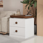 IKENO Wooden Nightstand with 2 Drawers, Large End Table with Stroage, Multifunctional Side Table for Bed Room, Living Room, Reception Room, Brown and White