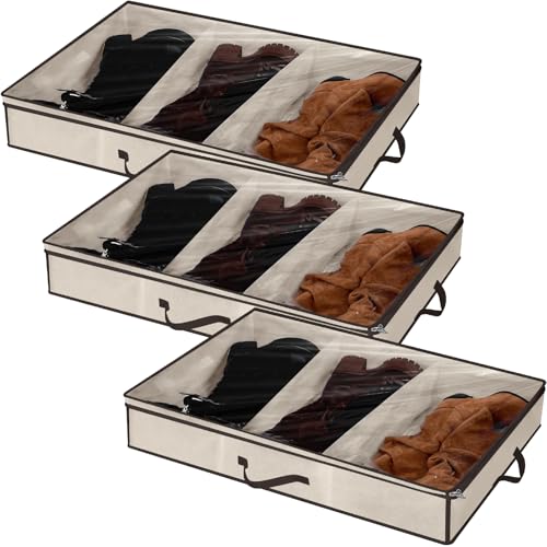SATINIOR 3 Pcs 3 Section Under Bed Shoe Storage Boot Bag Beige and Brown Underbed Shoe Organizer with Large Clear Pockets Fabric for Storage Men's and Woman's Boots - color: Beige and Brown