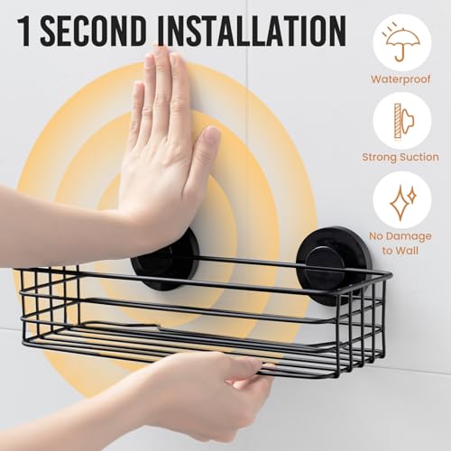 LEVERLOC Shower Caddy Suction Cup, 3 Pack Heavy Duty Bathroom Organizer for Inside Shower with Hooks & Soap Holder, Removable Bathroom Holder, Rustproof Black Storage - color: Black, size: 3 × Medium