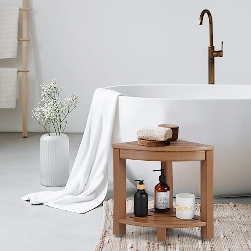 Apolimi HDPE Corner Shower Stool,Shower Bench Seat with Storage Shelf for Shaving Legs Plastic Spa Bath Step Foot Rest for Bathroom Small Place (Teak) - color: Teak