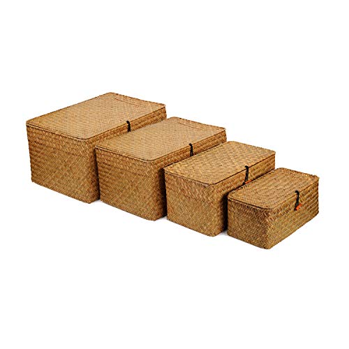4 Pack, Wicker Baskets with Lids, Nautral Seagrass Storage Baskets, Woven Rectangular Basket Bins, Rattan Storage Organizer for Shelf - color: Natural
