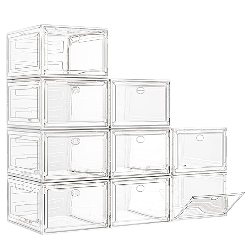 7 code Large Clear Shoe Boxes Organizer【Thicker Material】 Stronger Shoe Box with Magnetic Door, Stackable Shoe Storage Box for Closet, Foldable Space-Saving Storage Bins Shoe Cabinet, White 9 Pack - color: White, size: 9 pcs