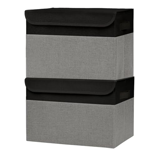Bagnizer Large 42 Quarts Fabric Storage Bins with Lids [2-Pack] Linen Collapsible Foldable Storage Cubes, Closet Organizer Containers boxes with Handles for Home Office (16.7 x 12 x 12, Black & Gray) - color: Black & Gray, size: Large - 2 Pack