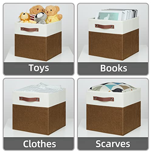 HNZIGE Fabric Cubes Storage Bins Set of 4,11 x 11 Clothes Storage Cube Baskets,Cube Organizing Bins for Shelves with Handles,Canvas Baskets for Organizing Home(Brown White) - color: Brown White, size: 11"x11"x11"-4pack
