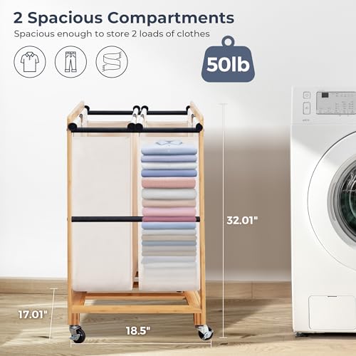 STO STO 2-Section Laundry Sorter with Bamboo Frame, Rolling Laundry Hamper Basket with Removable Bags and Lockable Wheels, Laundry Cart for Clothes Storage in Bedroom & Laundry Room, Beige - size: 2-Section