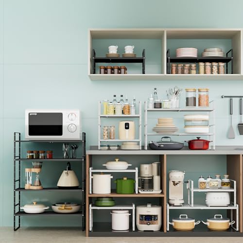 Expandable Cabinet Organizer Shelf, Adjustable Height Organizer Riser for Kitchen Cabinet Spice Rack Locker Pantry Cupboard Under Sink Countertop Desk Organization Metal Stackable Shelves - color: Black-1pack