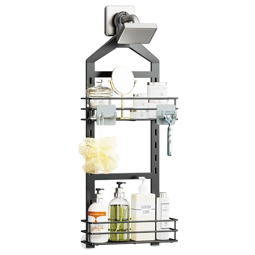 Orimade Adjustable Anti-slip Shower Caddy over Head, Rustproof Bathroom Hanging Shower Organizer with 2 Hooks for Razor, No Drilling Shower Shelves Storage Rack 2 Tier, Black - color: Black-2 Tier