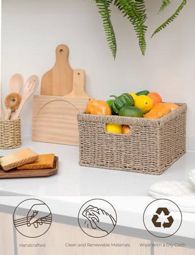 StorageWorks Wicker Storage Baskets, Handwoven Seagrass Basket for Organizing, Decorative Wicker Baskets with Built-in Handles, Set of 2 - color: Natural (Seagrass), size: 11½"L x 11½"W x 7"H + 9¾"L x 9¾"W x 6½"H