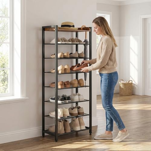 HOOBOR 8 Tier Shoe Rack, Large Capacity Shoe Storage for 14-16 Pairs, Sturdy Metal Shoe Shelf for Closet Entryway, Space Saving Shoe Organizer for Sneakers Heels, Rustic Brown BF48XJ01 - size: 20.5" L x 11.8" W x 53.9" H