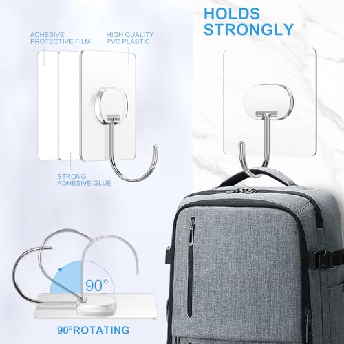 JINSHUNFA Adhesive Wall Hooks 13LB Heavy Duty No Drill Large Transparent Waterproof Hooks for Bathroom Kitchen Towel Coat 12 Pack - size: 12 Large hooks