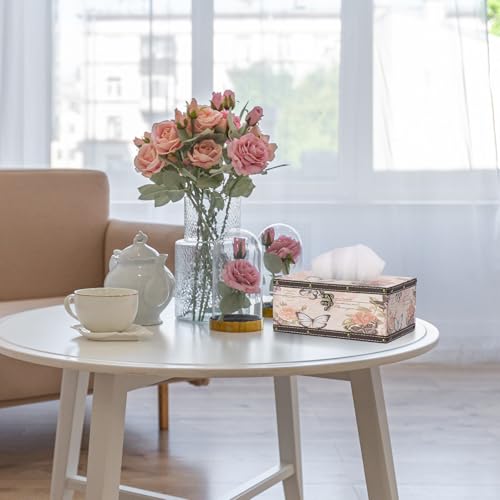 Vintage Tissue Box Cover, Wood Rectangular Tissue Box Holder, Decorative Butterflies Faux Leather Tissue Holders for Table Bathroom Living Room Kitchen Office Car Home Decor, Distressed Pink - size: Medium